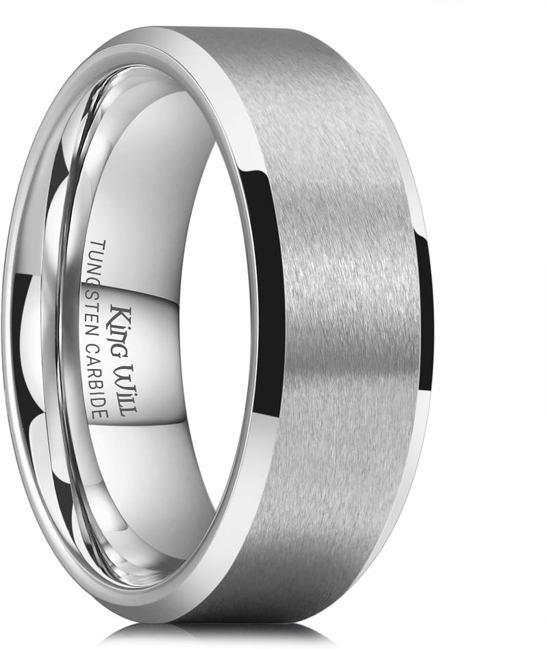 King Will Basic Unisex Silver/Black/Blue/Rose Gold/Gold/Purple Tungsten Carbide Matte Polished Finish Wedding Beveled Edge Engagement Band Ring for Men Women - Image 1